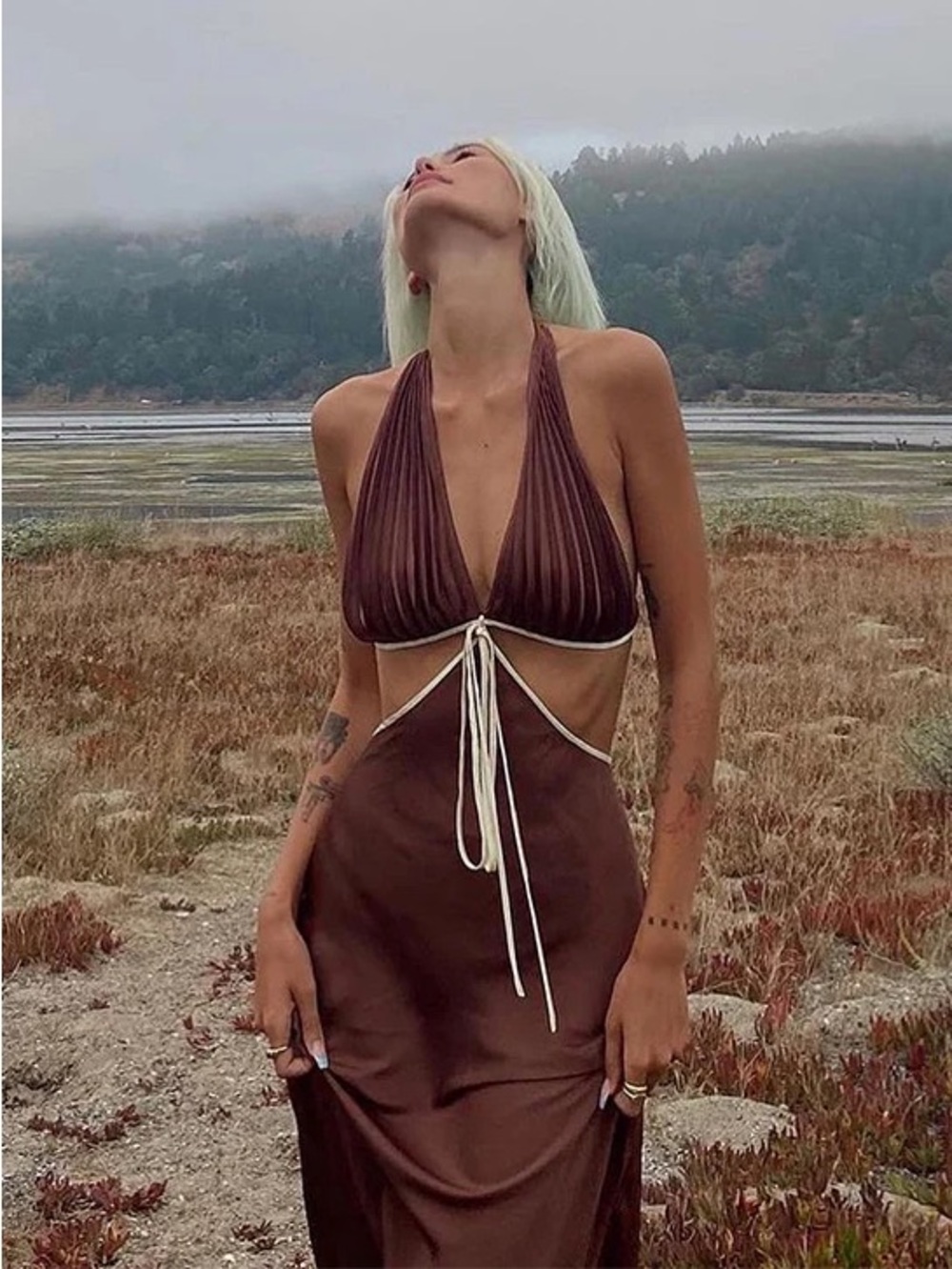 Onarin Ms. Pleat Brown Cut-Out Dress